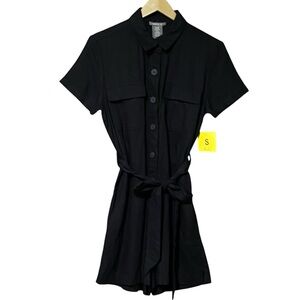 Matty M Linen Blend Button Front Romper S Black Belted Multi-Pocket NWT